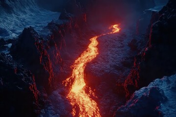 Fototapeta premium 熔岩流が流れる火山の内部の壮大な光景