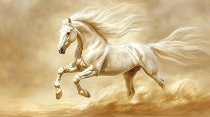 Obraz premium Majestic white stallion galloping across sandy landscape.