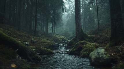 Obraz premium Misty forest stream flowing through moss-covered rocks and trees.