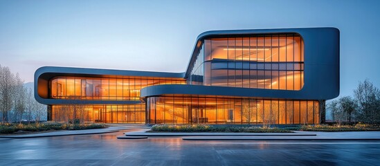 Obraz premium Modern Architectural Marvel: Illuminated Glass Facade Office Building at Dusk