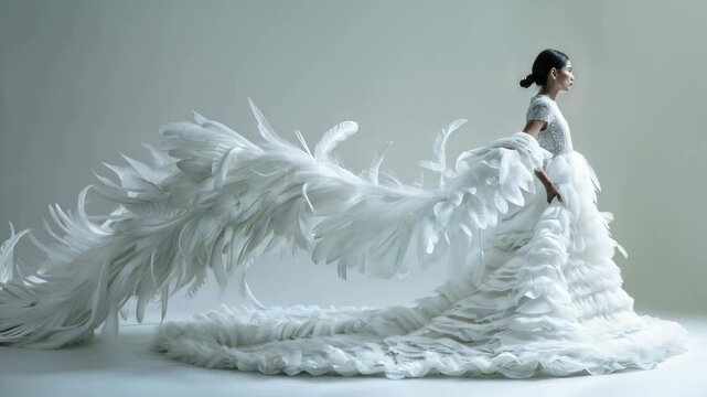 A model in a couture wedding dress, animation, white dress with feathers