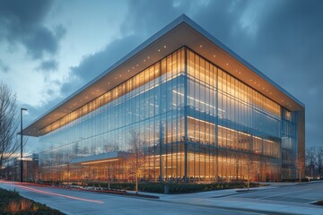 Obraz premium Illuminated Modern Glass Facade Building at Dusk