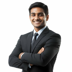 Studio shot of a confident Indian man in a dark gray blazer and white shirt, arms crossed, smiling against a clean white background. Captured with soft and clean lighting for detail.