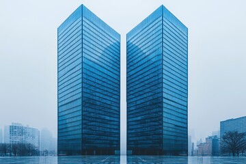 Obraz premium Twin Towers in a Misty Metropolis: A Modern Architectural Marvel
