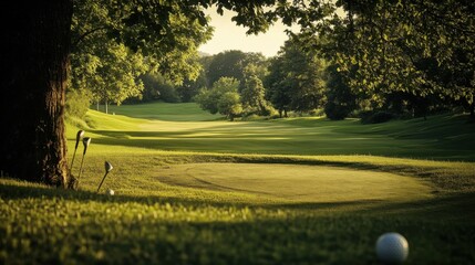 Fototapeta premium A serene scene of a tranquil golf course, Pristine clubs and balls neatly arranged, Classic sporting style