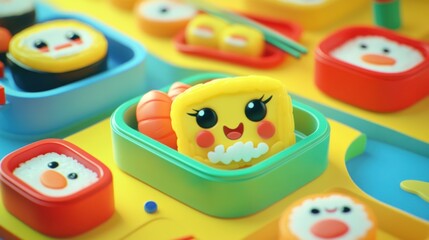 Obraz premium Cute cartoon sushi in colorful bento box.