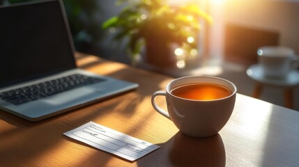 Proofreading workspace with checklist and tea. Generative AI