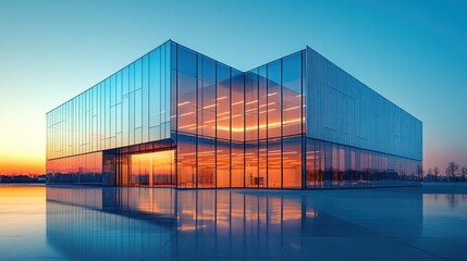 Fototapeta premium Modern Glass Building at Sunset: Architectural Marvel