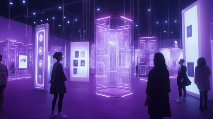 Futuristic exhibition hall with interactive displays and visitors exploring digital art installations.