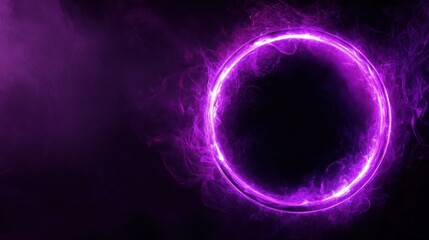 Glowing purple neon circle ring in smoke, dark background.