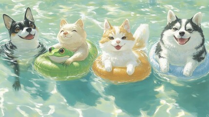 Fototapeta premium Four adorable puppies of different breeds joyfully float on colorful inflatable rings in a refreshing pool, accompanied by a tiny frog.