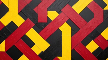 Abstract geometric artwork with red, yellow, and black interlocking shapes.