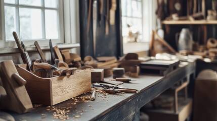 A serene woodworking studio with hand tools, Wooden sculptures in progress, Artistic workshop style