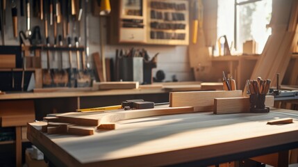 A serene woodworking studio with woodworking tools and timber, Woodworking tools arranged in a well-lit workshop, Contemporary workshop style