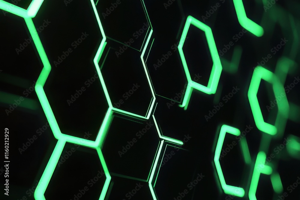 Poster green hexagonal patterns glowing on a dark background create a modern and futuristic atmosphere in d