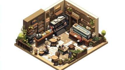 Isometric view of a cozy cafe with outdoor seating, showcasing food, drinks, and customers.