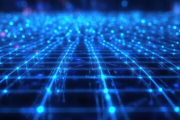 Vibrant blue digital network grid illustrating interconnected technology and data flow
