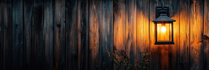 Illuminated Lantern on Rustic Wooden Fence.