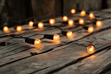 Warm glowing lights scattered on rustic wooden surface create a cozy atmosphere for evening gatherings and celebrations