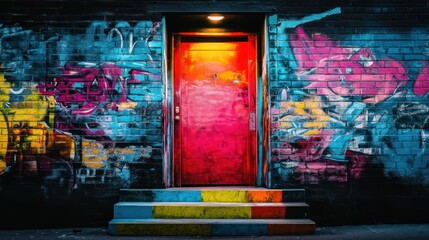 Vibrant graffiti-covered brick wall with a brightly lit red door and colorful steps.