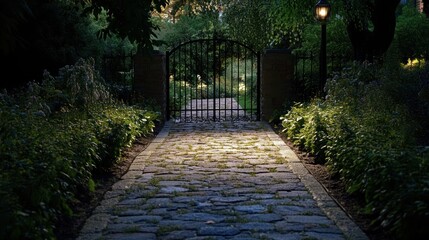 Cobblestone path leading to an iron gate in a lush garden at dusk.