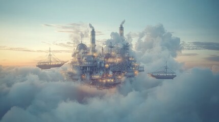 A fantastical steampunk city floats amidst fluffy clouds at sunset, accompanied by two sailing ships.