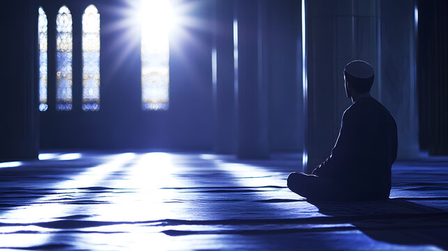 Peaceful Moment of Meditation in Sunlit Mosque Interior with Stunning Light Rays : Generative AI