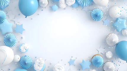 Fototapeta premium A blue and white birthday frame with balloons, confetti stars, paper cupcakes, and glitter on the background, with white space in the center of the picture for text. 