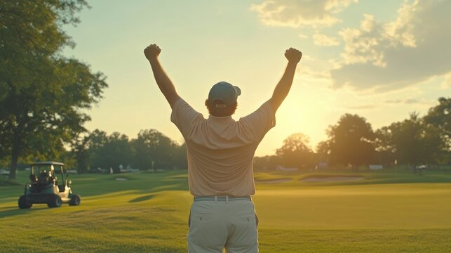 Golfer celebrating victory at sunset on golf course.