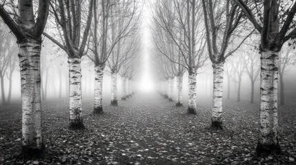 Obraz premium Monochrome photo of a misty path lined with slender trees, leading to a bright light.