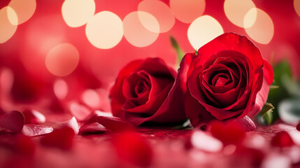 Two beautiful red roses with glowing bokeh background for romantic and elegant occasions : Generative AI