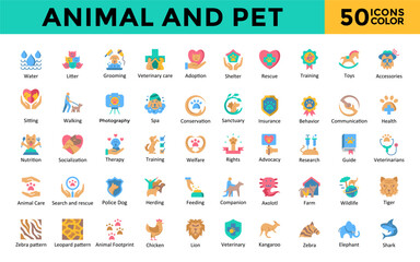 Animal and Pet icon set with food, water, litter ,grooming ,veterinary care, adoption, shelter, rescue, training, toys, accessories icon. Simple flat color vector 
