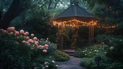 Illuminated gazebo in a lush garden at twilight.