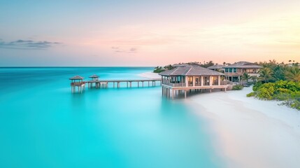 Fototapeta premium Overwater bungalows on a tropical beach at sunset.