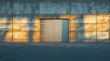 Industrial concrete wall with large metal door, sunset shadows.