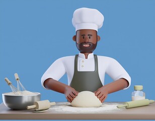 3D cheerful baker kneads dough ready to create culinary magic