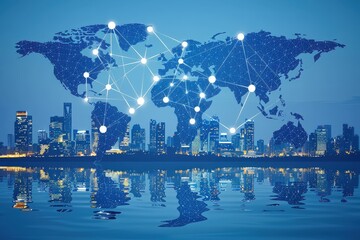 Global connectivity event showcasing technology integration in urban areas at night with reflective water surfaces