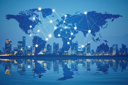 Global connectivity event showcasing technology integration in urban areas at night with reflective water surfaces