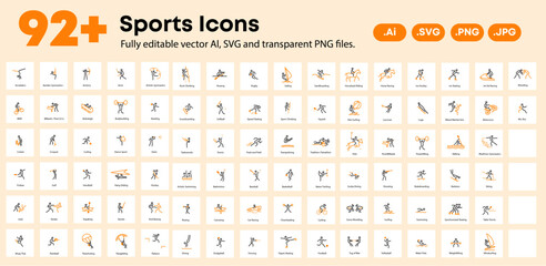 Fototapeta premium Over 92 Sports Icons Fully editable vector outline