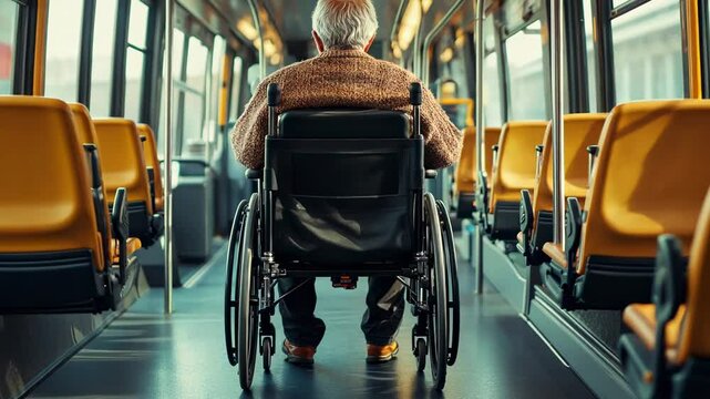 Back view of a senior man in a wheelchair sitting on an empty bus, stock photo, in the style of Canon