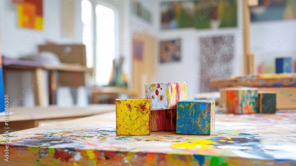 Poster a therapeutic art therapy studio with clients using blocks for expressive art sessions, blocks arran