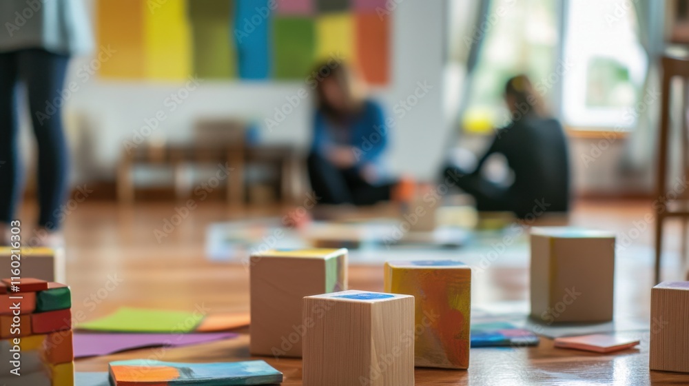 Poster a therapeutic art therapy studio with clients using blocks for expressive art sessions, blocks arran
