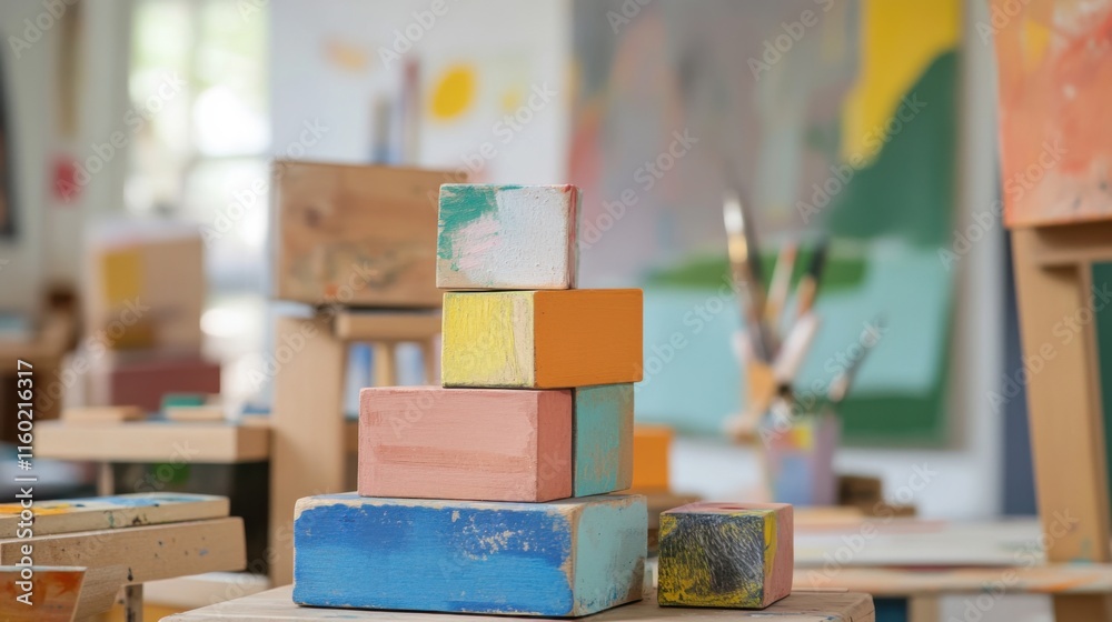 Poster a therapeutic art therapy studio with clients using blocks for expressive art sessions, blocks arran