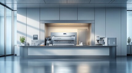 Modern Minimalist Office Kitchenette Design:  Sleek Stainless Steel Appliances and Contemporary Style