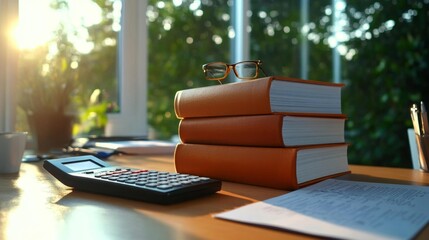 Financial planning with books calculator and office supplies. Generative AI