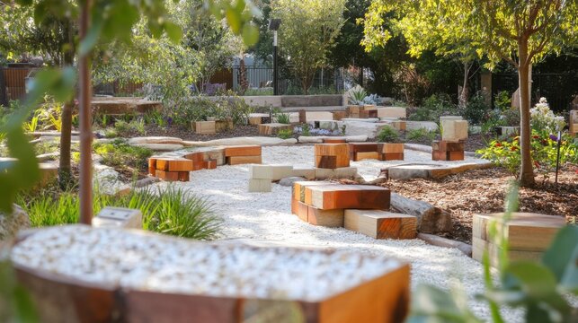 A therapeutic garden with patients using blocks for sensory integration activities, Blocks arranged in calming patterns, Sensory therapy style