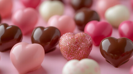 Fototapeta premium Colorful heart-shaped chocolates on a pink background perfect for romantic valentines or celebration events : Generative AI