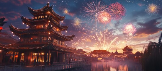 Fototapeta premium Festive Asian town at sunset with fireworks over water.