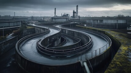 Serpentine industrial water treatment plant under a stormy sky.