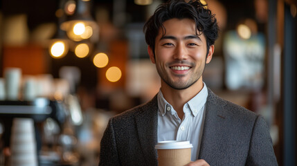 Fototapeta premium Smiling man holding a cup of coffee